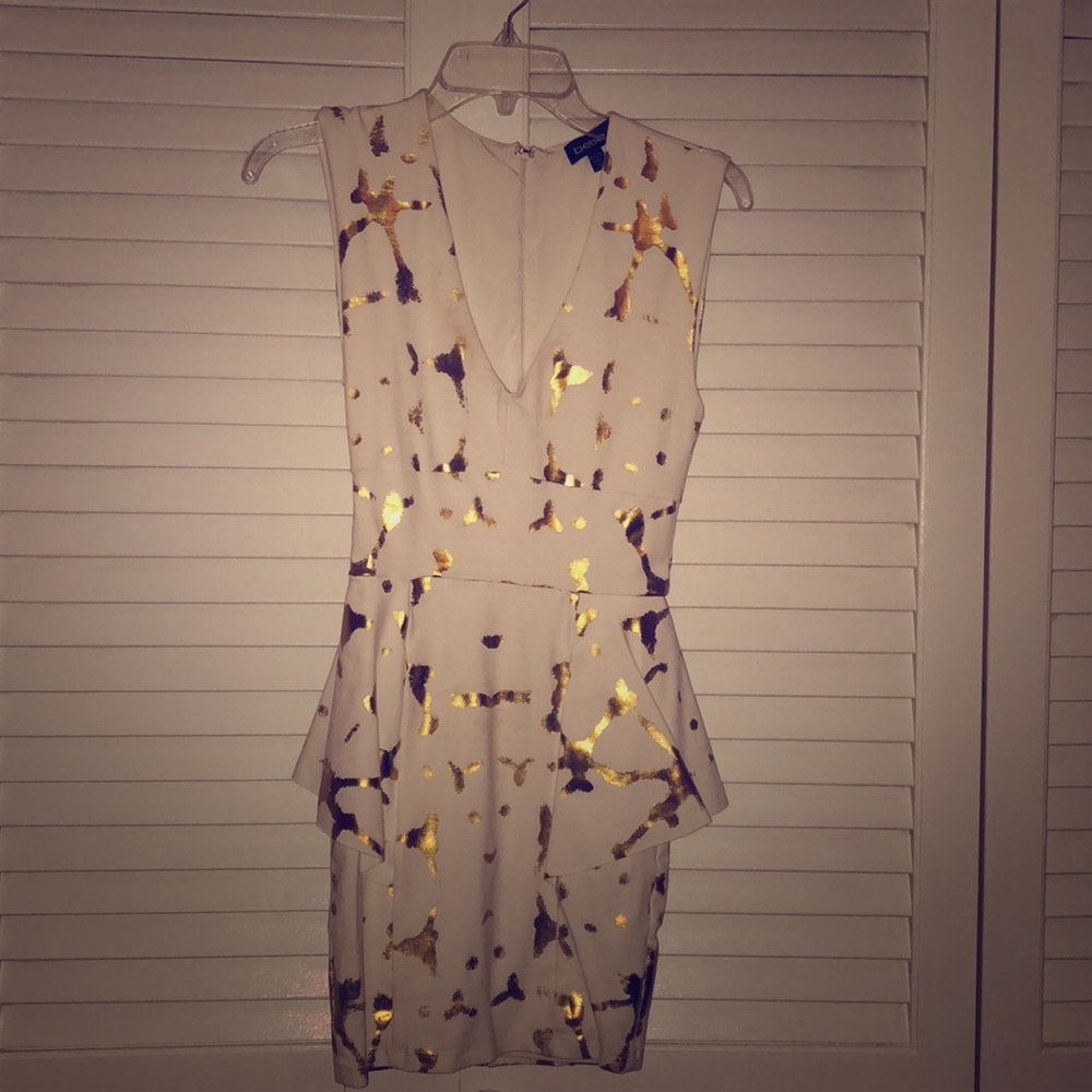 Bebe- White and Gold Peplum Dress